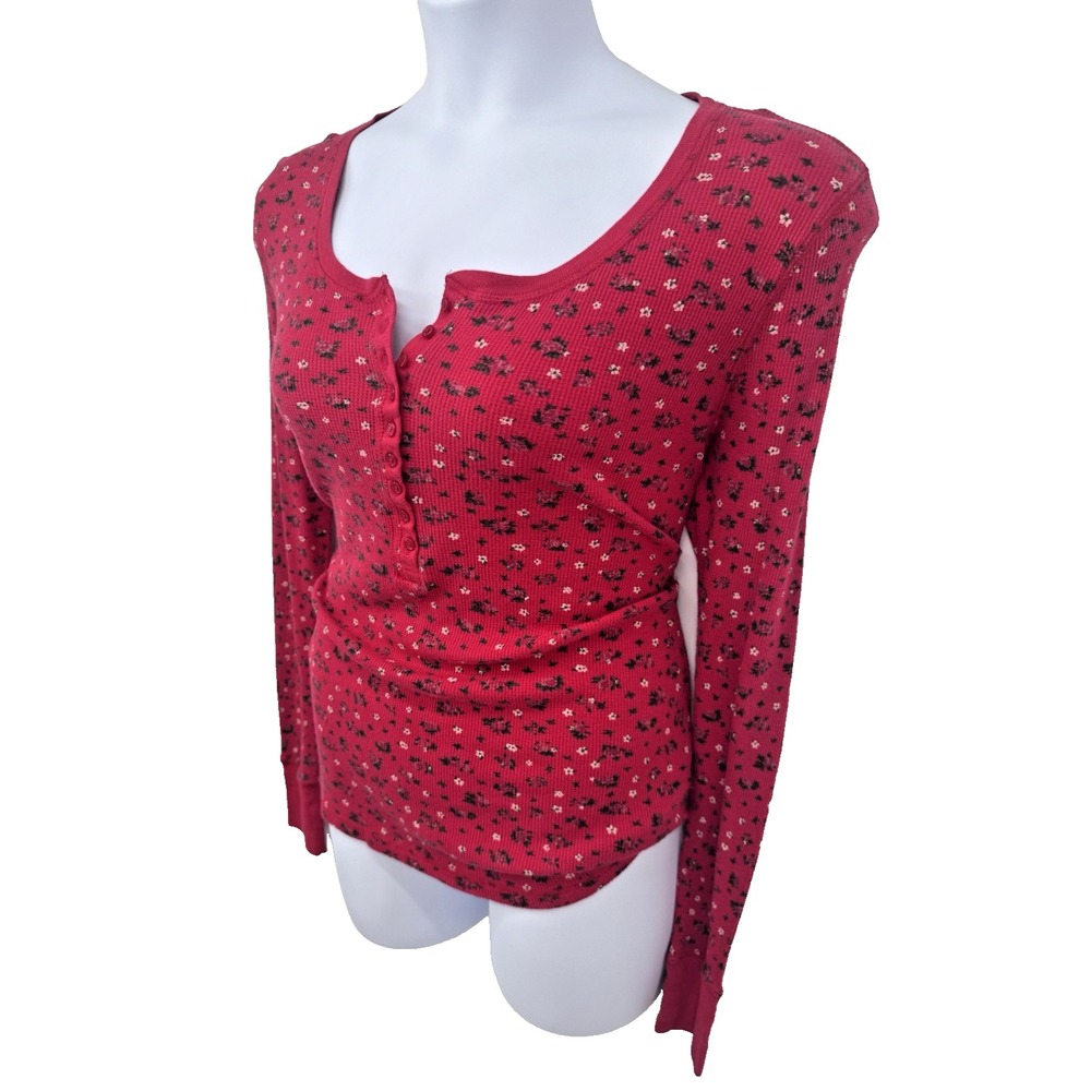 Faded Glory Henley Shirt 2XL Red Floral Thermal Long Sleeve Waffle Knit Y2K
